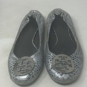 Tory Burch Metallic Silver Snake-Embossed Logo Ballet Flats